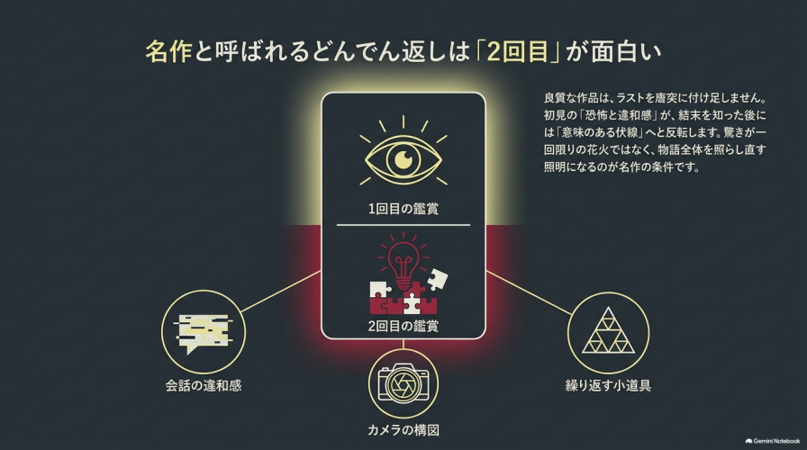 名作と呼ばれるどんでん返しは「2回目」が面白い。1回目の鑑賞による恐怖と違和感が、2回目には意味のある伏線へと反転する図解。