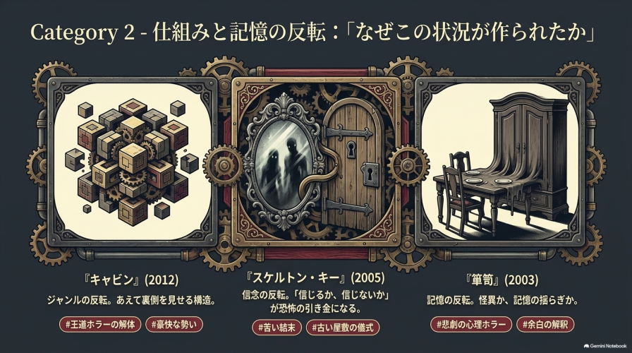 Category 2 仕組みと記憶の反転:「なぜこの状況が作られたか」。『キャビン』『スケルトン・キー』『箪笥』の紹介。