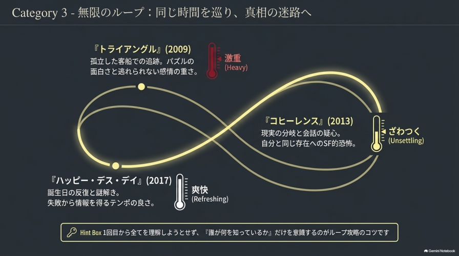 Category 3 無限のループ:同じ時間を巡り、真相の迷路へ。『トライアングル』『ハッピー・デス・デイ』『コヒーレンス』の紹介と、ループ攻略のコツ。