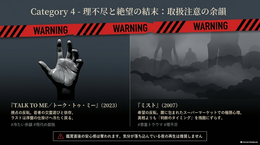 Category 4 理不尽と絶望の結末:取扱注意の余韻。『TALK TO ME/トーク・トゥ・ミー』『ミスト』の紹介と警告。