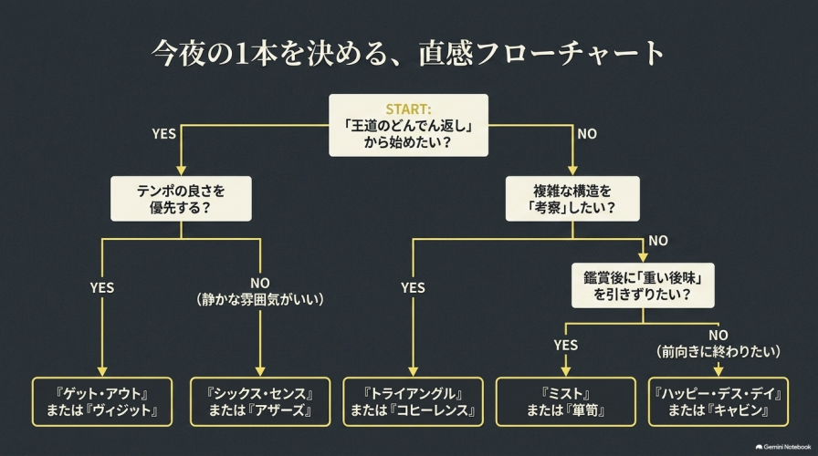 今夜の1本を決める、直感フローチャート。王道のどんでん返しから始めたいか、テンポの良さを優先するかなどをYES・NOでたどる診断図。