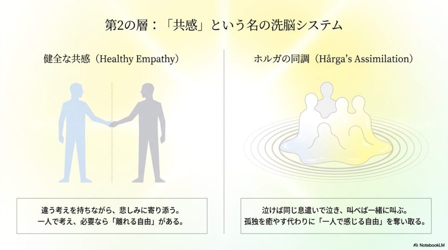 健全な共感とホルガの同調の違いを比較した表。ホルガが孤独を癒やす代わりに「一人で感じる自由」を奪い取る洗脳システムであることを示している。