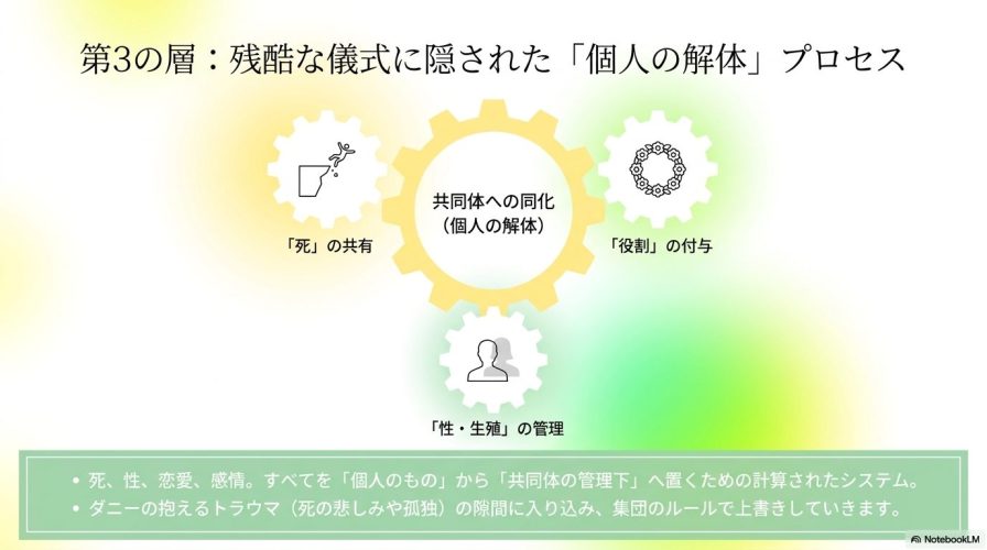 死の共有、役割の付与、性・生殖の管理を通じて、個人のものが共同体の管理下に置かれ、集団のルールで上書きされていくプロセスを図解したスライド。