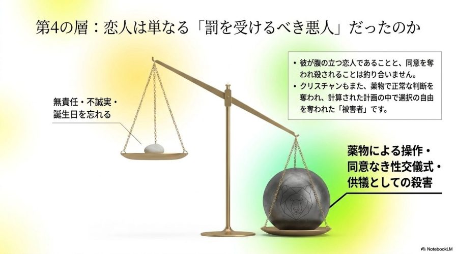 恋人としての無責任さと、同意なき性交儀式や供犠としての殺害を天秤にかけ、クリスチャンもまた選択の自由を奪われた被害者であったことを示す図。