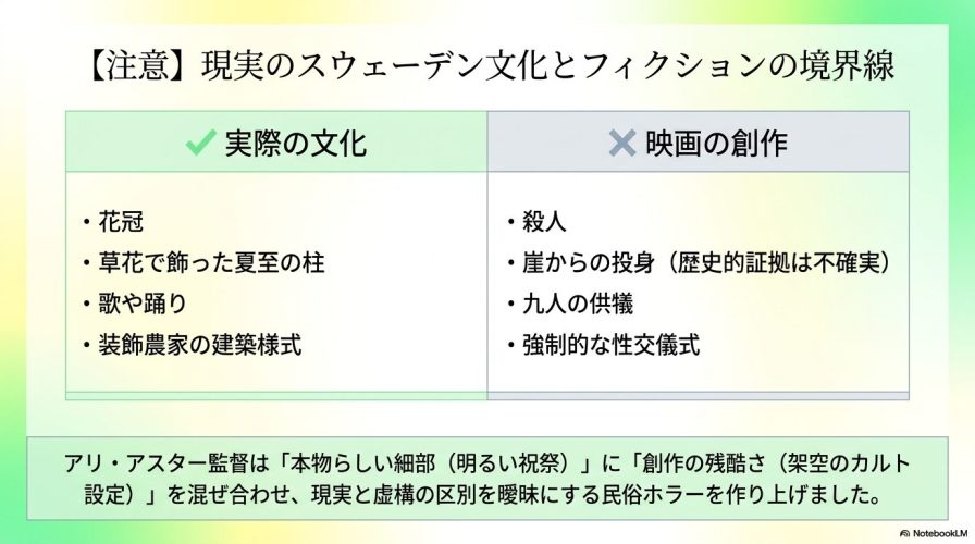 実際の夏至祭文化（花冠や踊り）と、映画の創作（殺人や供犠）の境界線を分けた比較表。本物らしい細部に創作の残酷さを混ぜ合わせていることを注意喚起している。