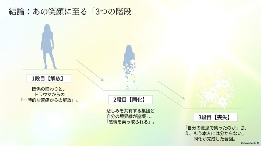 ダニーが「解放」「同化」「喪失」という3つの階段を経て、一時的な苦痛からの解放から始まり、自分の意思を失い同化が完成するまでの流れを解説した図。
