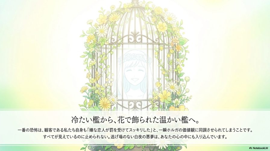 花で飾られた鳥籠の中で笑顔を浮かべる女性のイラストと、観客をも同調させる映画の恐怖をまとめた最終結論のテキスト。