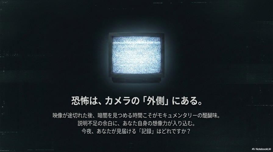 「恐怖は、カメラの『外側』にある。」というメッセージと、「映像が途切れた後、暗闇を見つめる時間こそがモキュメンタリーの醍醐味。」という結びの言葉が書かれたまとめのスライド。
