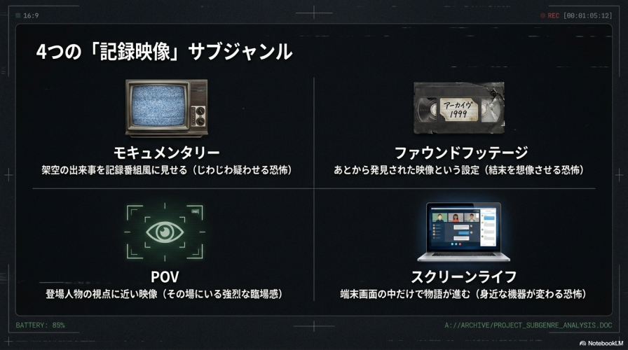 モキュメンタリー、ファウンドフッテージ、POV、スクリーンライフという4つのサブジャンルの意味と特徴をまとめたスライド。テレビの砂嵐やカメラのフォーカス、オンライン会議画面のアイコンが添えられている。