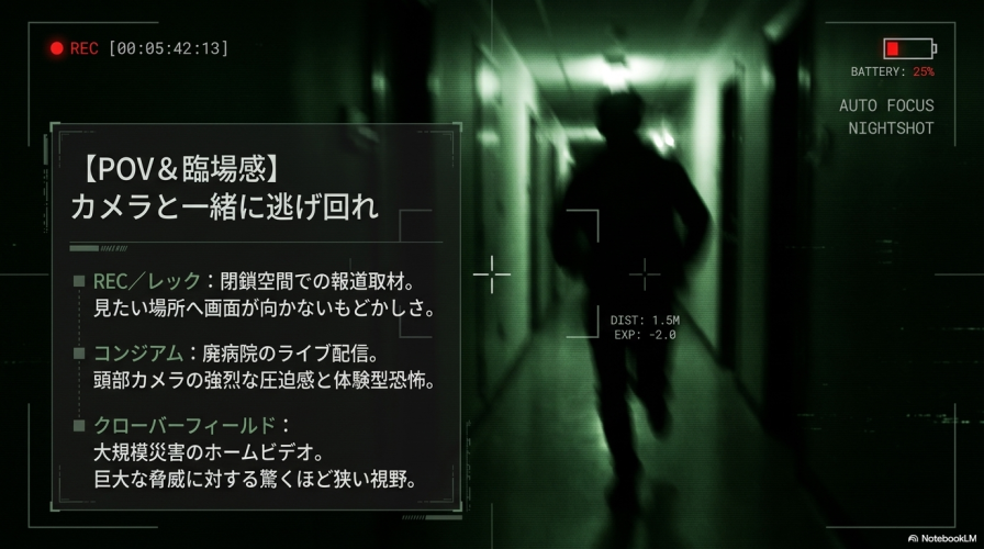 POV＆臨場感の作品として、『REC／レック』『コンジアム』『クローバーフィールド』の3作品を紹介するスライド。暗視カメラ風の緑色の映像デザインとなっている。