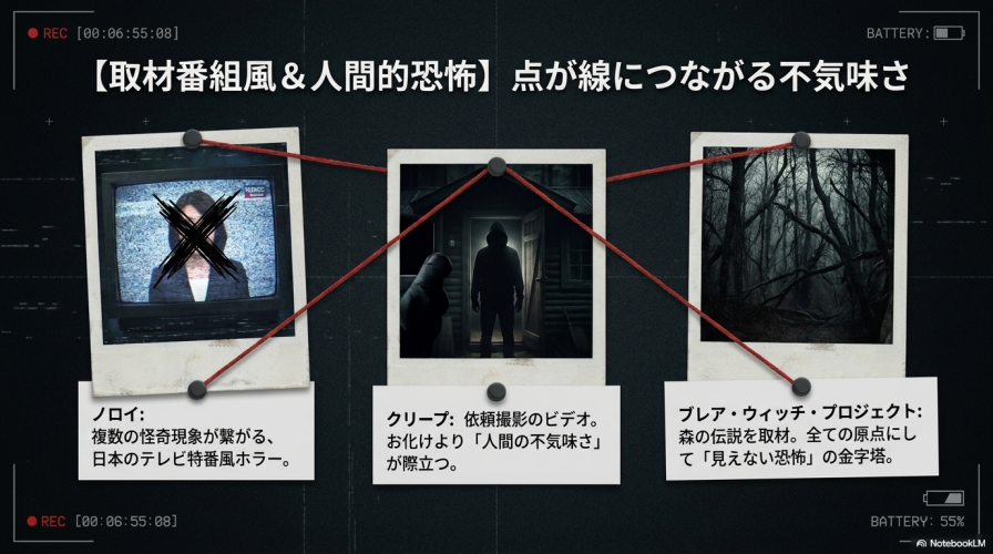 取材番組風＆人間的恐怖の作品として、『ノロイ』『クリープ』『ブレア・ウィッチ・プロジェクト』の3作品を紹介するスライド。テレビに映る人物の顔が黒く塗りつぶされた不気味なポラロイド写真が貼られている。