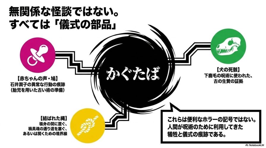 赤ちゃんの声、犬の死骸、結ばれた縄が単なるホラーの記号ではなく、人間が利用してきた犠牲と儀式の痕跡であることを示す図解