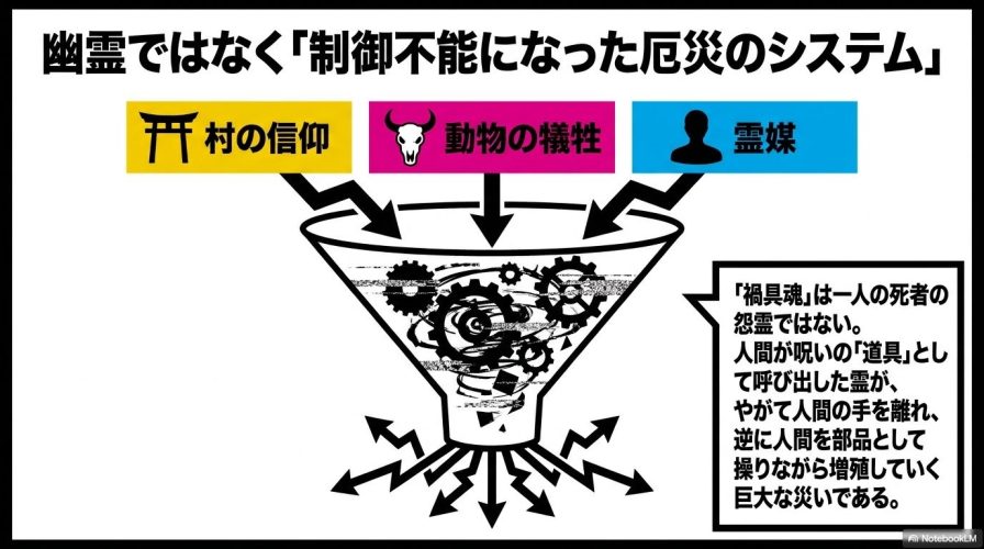禍具魂が一人の怨霊ではなく、制御不能になり人間を部品として操りながら増殖していく厄災のシステムであることを説明したスライド