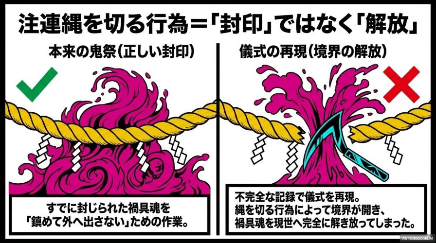 注連縄を鎌で切る行為が、禍具魂の正しい封印手順ではなく、不完全な儀式による境界の解放を意味することを示すイラストと図解