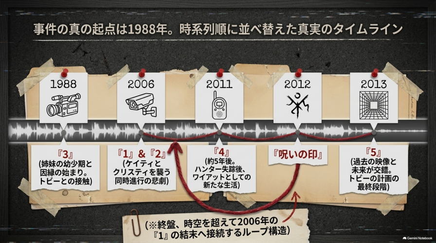 1988年の『3』から始まり、『1』『2』、『4』、『呪いの印』、『5』へと続く物語上の時系列をまとめた年表