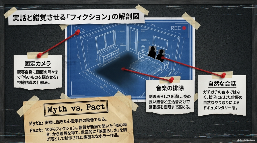 固定カメラによる視線誘導、音楽の排除による緊張感、自然な会話によるドキュメンタリー感など、映画を実話のように見せる手法の解説図