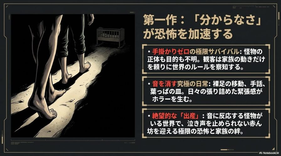 裸足で砂の道を歩く足元のイラスト。第一作が手掛かりゼロの極限サバイバルであり、「分からなさ」が恐怖を生むことを説明したスライド。