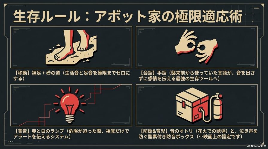 砂の道での裸足移動、手話での会話、赤いランプでの警告、酸素付き防音ボックスなどの生存術を、4つのアイコンとともに図解したスライド。