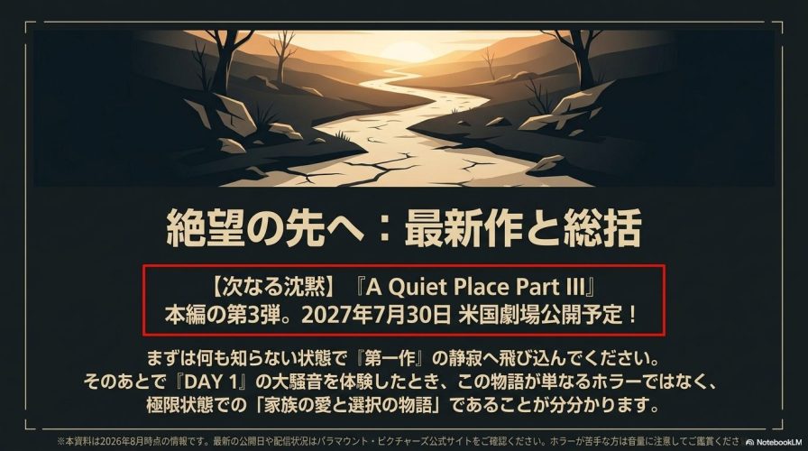 川と夕日の美しい風景イラスト。『A Quiet Place Part III』の公開予定日と、初見は第一作から見始めることを推奨する総括メッセージのスライド。