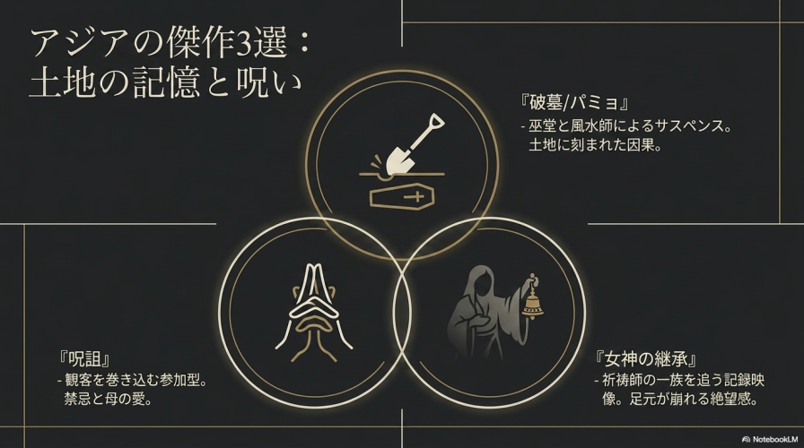 アジアの傑作ホラー映画3選として、『破墓/パミョ』『呪詛』『女神の継承』のそれぞれの特徴を紹介するスライド。