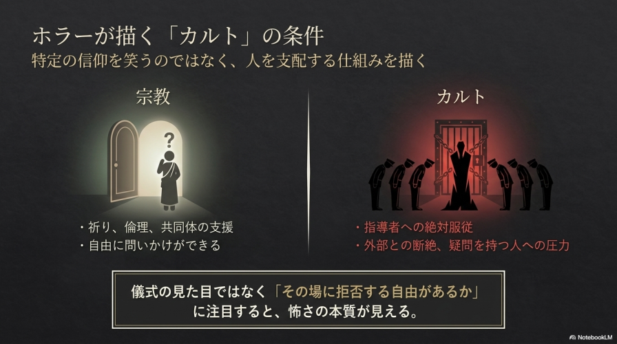 ラーが描く「カルト」の条件。宗教とカルトの違いを挙げ、儀式の見た目ではなく「その場に拒否する自由があるか」に注目することを説くスライド。