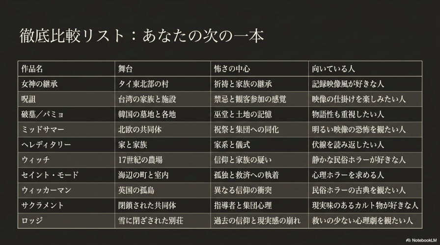 紹介した10作品の舞台、怖さの中心、向いている人を一覧で比較した表のスライド。