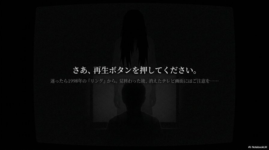 「さあ、再生ボタンを押してください。」というメッセージと、迷ったときの初手として1998年版『リング』を勧めるテキストが書かれたスライド