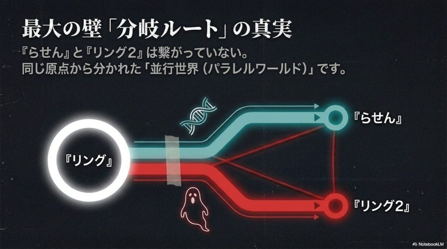 『リング』から『らせん』と『リング2』へ分岐する並行世界(パラレルワールド)の構造を解説したスライド