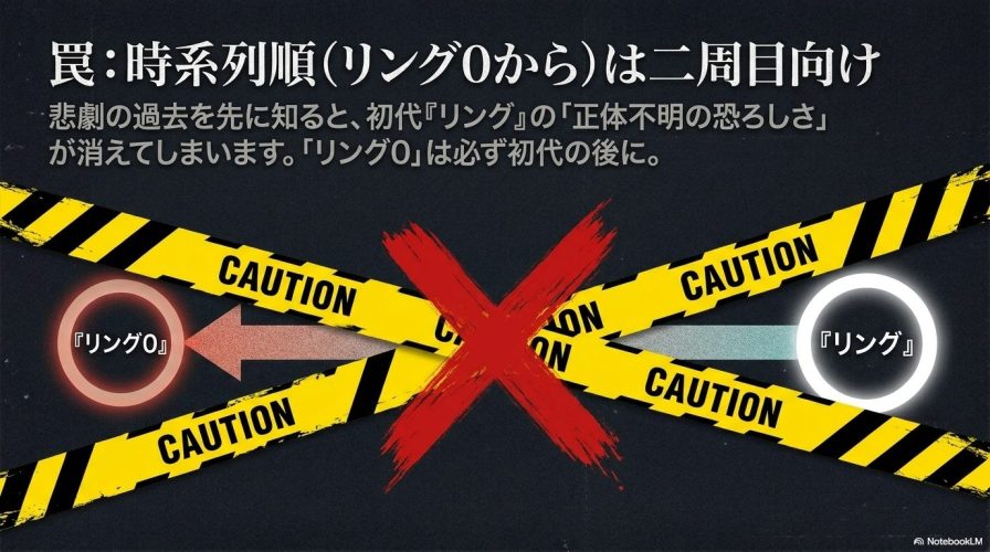 時系列順に『リング0』から見ることへの警告(CAUTION)と、正体不明の恐ろしさが消えてしまう理由を説明したスライド