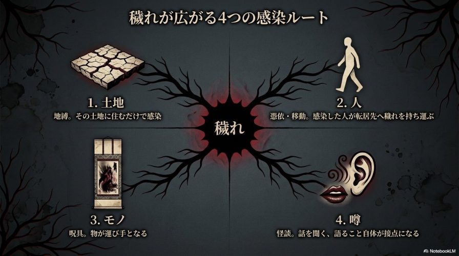 穢れが広がるルートとして「1.土地(地縛)」「2.人(憑依・移動)」「3.モノ(呪具)」「4.噂(話を聞く・語る)」の4種類があることを示す図解