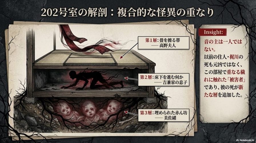 久保さんが住む202号室の怪異が、第1層の畳を擦る帯(高野夫人)、第2層の床下を進む何か(吉兼家の息子)、第3層の埋められた赤ん坊(美佐緒)という3つの層で重なっていることを示す図解