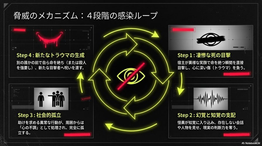 死の目撃から始まり、幻覚と知覚の支配、社会的孤立を経て、新たなトラウマを生成する4段階の感染メカニズム図。