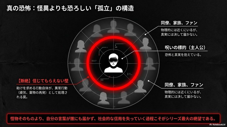 助けを求める行動が異常行動として処理され、主人公が同僚や家族、ファンから孤立していく断絶の構造を図解。