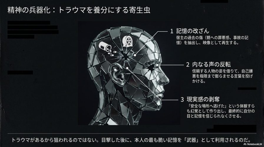 記憶の改ざん、内なる声の反転、現実感の剥奪を通して、宿主のトラウマを兵器化し利用する怪異の性質。