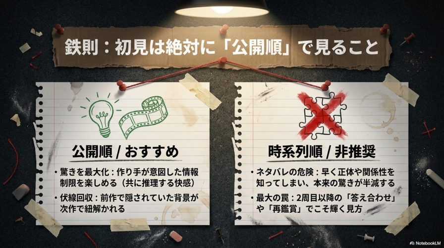 初見は絶対に「公開順」で見ること。作り手が意図した情報制限を楽しめるため公開順を推奨し、ネタバレの危険がある時系列順を非推奨とする解説スライド。