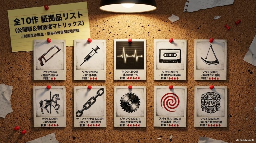 全10作証拠品リスト。各作品の中心となる位置と、流血・痛みの刺激度を5段階で評価したマトリックス表。