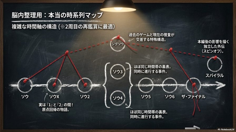 脳内整理用:本当の時系列マップ。「ソウX」が「ソウ」と「ソウ2」の間にあることや、「ソウ3」と「ソウ4」が同時進行することなど、複雑な時間軸の構造を図解したスライド。