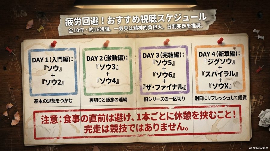 疲労回避!おすすめ視聴スケジュール。全10作を4日間に分けて完走する推奨ペースをまとめたスライド。