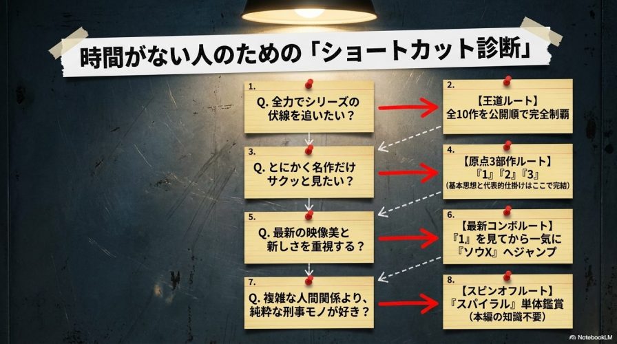 時間がない人のためのショートカット診断。王道ルート、原点3部作ルート、最新コンボルート、スピンオフルートの4つの見方を提案するスライド。