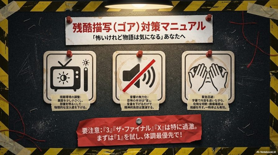 残酷描写対策マニュアル。画面を小さくする視聴環境の調整、音量を下げる音響の無力化、字幕を活用して視線を外す緊急回避の方法をまとめたスライド。