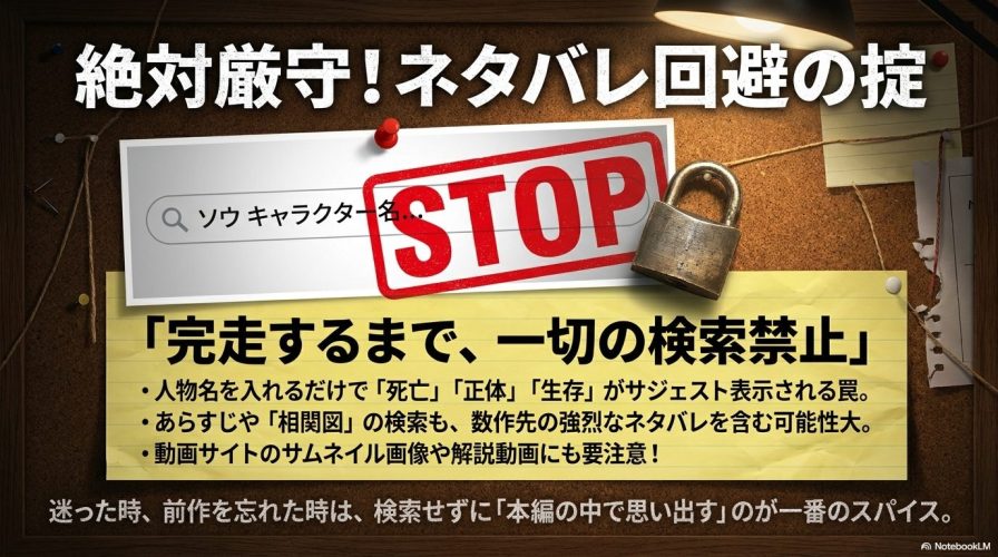 絶対厳守!ネタバレ回避の掟。キャラクター名を入れるだけでサジェスト表示される罠があるため、完走するまで一切の検索を禁止するよう警告するスライド。