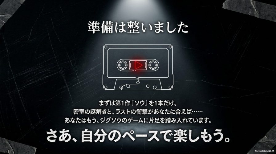 カセットテープのイラストと「PLAY ME」の文字。準備は整いました、まずは第1作ソウを1本だけ自分のペースで楽しもう、と書かれたスライド。