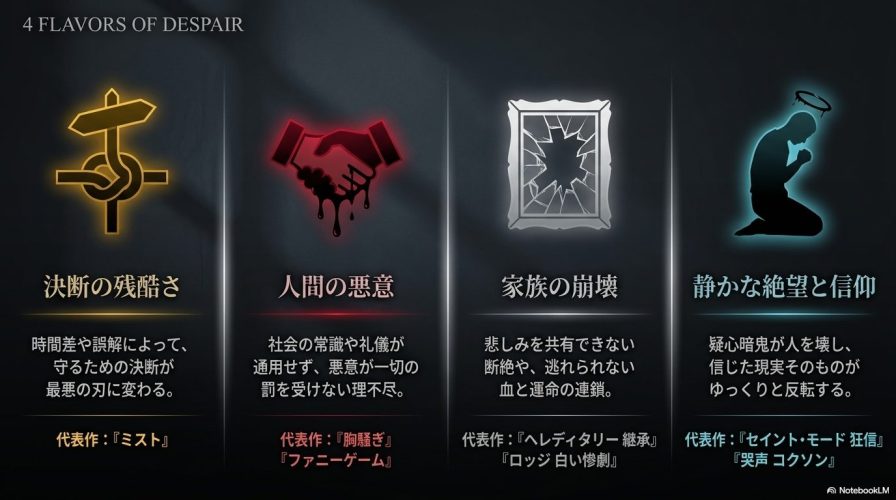 バッドエンドを「決断の残酷さ」「人間の悪意」「家族の崩壊」「静かな絶望と信仰」の4種類に分類し、それぞれの特徴と代表作をまとめた図解。