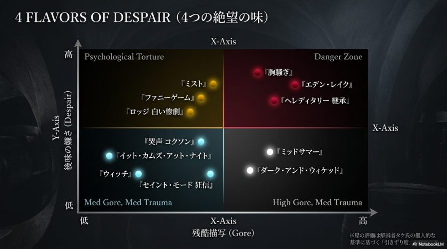 紹介するホラー映画を、横軸「残酷描写」と縦軸「後味の嫌さ」の2軸でマッピングした散布図グラフ。 どの作品がどの程度の精神的負担になるかが視覚化されている。