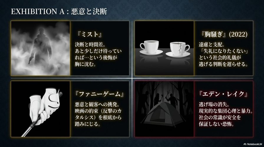 悪意と決断をテーマにした代表作『ミスト』『胸騒ぎ』『ファニーゲーム』『エデン・レイク』の4作品と、その後味の特徴をまとめた紹介画像。