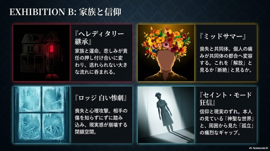 家族と信仰をテーマにした代表作『ヘレディタリー 継承』『ミッドサマー』『ロッジ 白い惨劇』『セイント・モード 狂信』の4作品と、その後味の特徴をまとめた紹介画像。