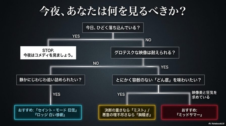 「今日、ひどく落ち込んでいる?」「グロテスクな映像は耐えられる?」などの質問にYESかNOで答えていくと、気分に合ったおすすめのホラー映画がわかる診断フローチャート。