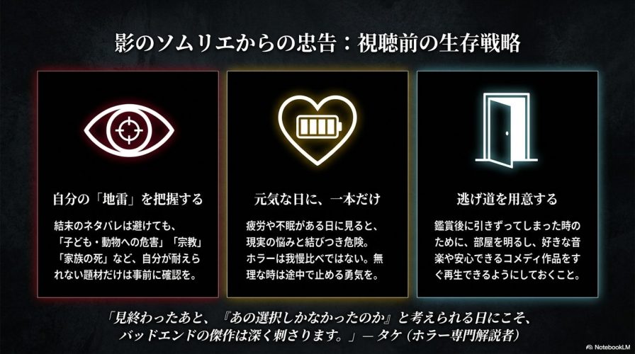 ホラー映画を見る前の注意点として「自分の地雷を把握する」「元気な日に、一本だけ」「逃げ道を用意する」という3つの生存戦略を解説した忠告画像。