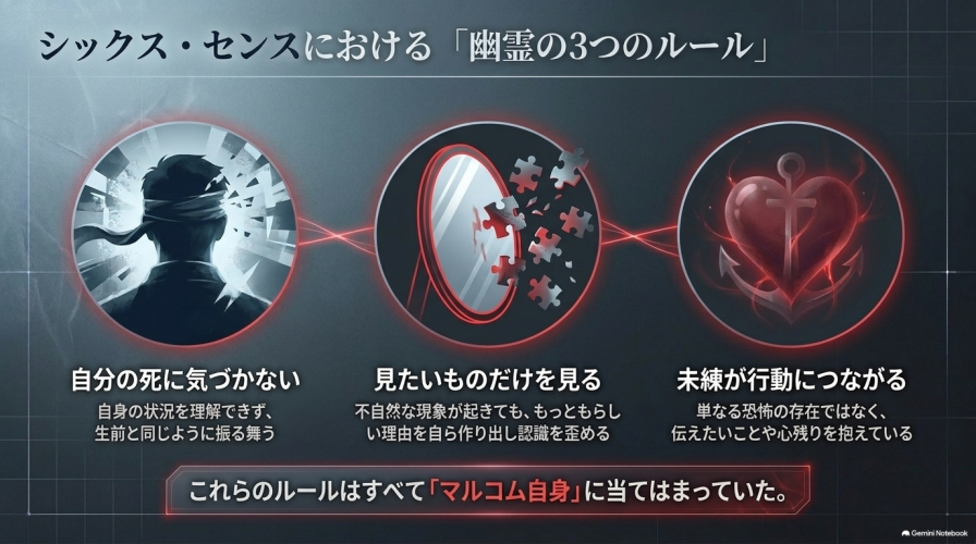 シックス・センスにおける幽霊の3つのルールとして、「自分の死に気づかない」「見たいものだけを見る」「未練が行動につながる」をまとめたスライド。