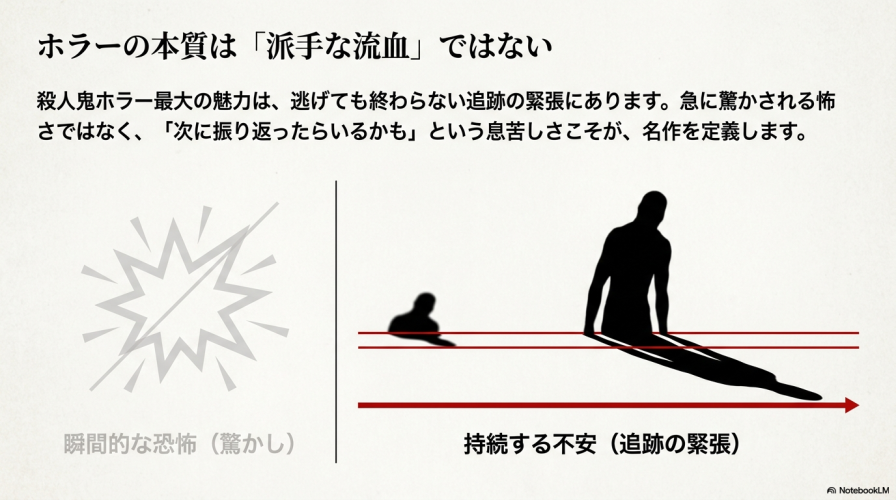 「ホラーの本質は派手な流血ではない」と題され、瞬間的な驚かしと持続する追跡の緊張を比較した図解スライド。
